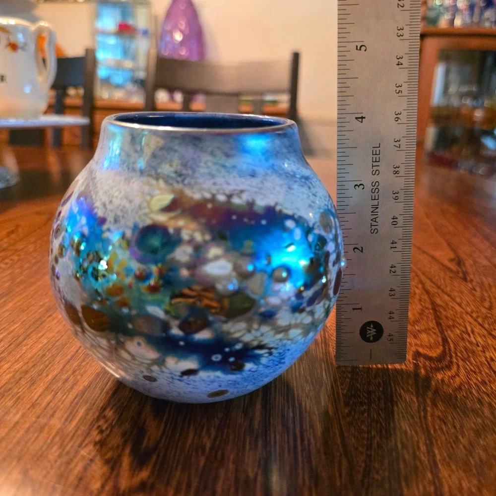 Hand Blown Iridescent Art Glass Vase Cobalt Blue Millefiori Studio Glass 5.5